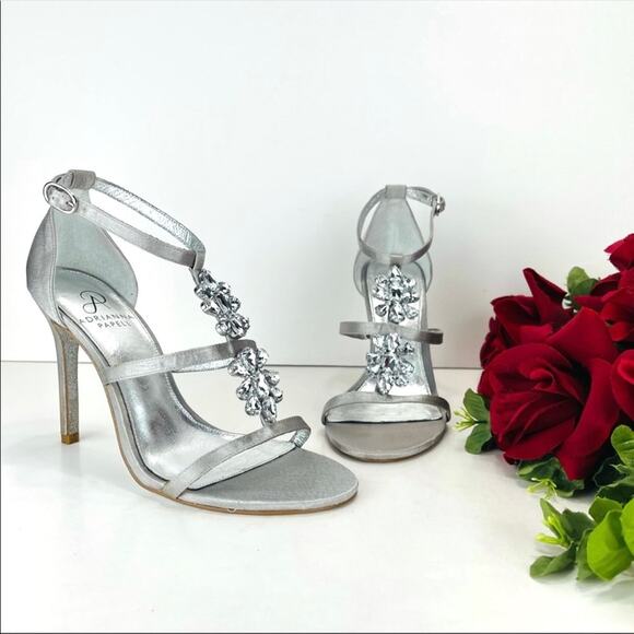 Adrianna Papell Daphne Stiletto Sandal Size 6 Silver Satin & Leather Embellished - Picture 11 of 16